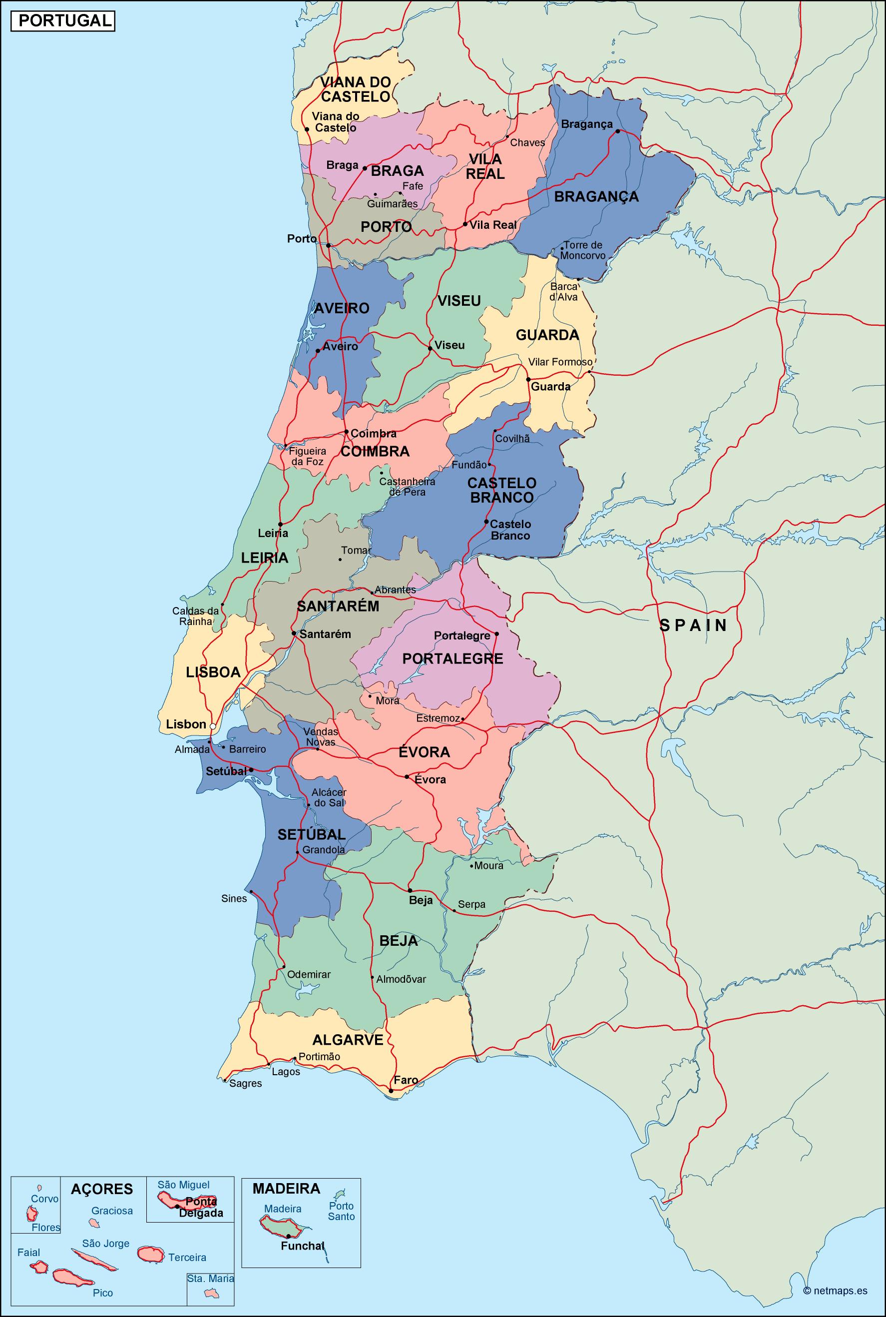 Vetores de Mapa Político Editable Altamente Detalhado De Portugal