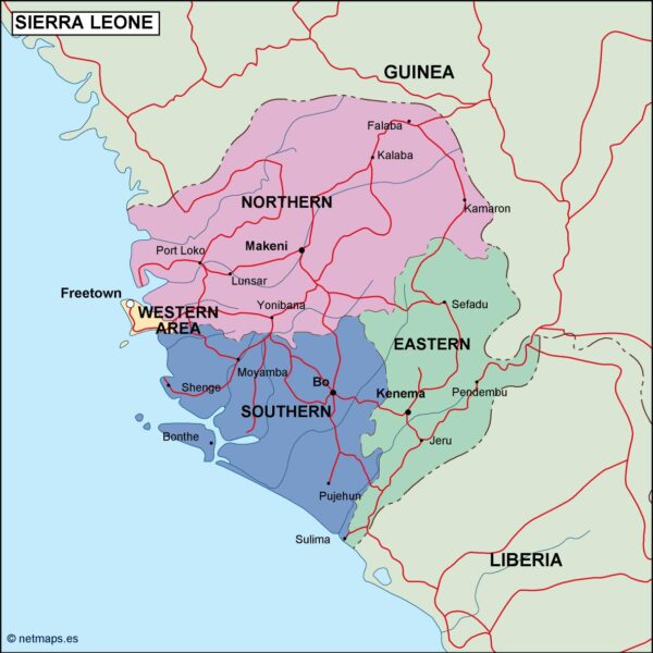 sierra leone mapa politico vectorial digital