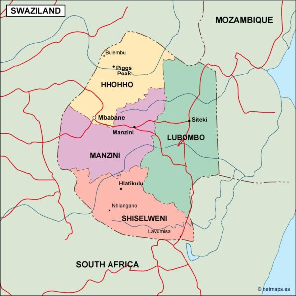 swaziland mapa politico vectorial digital