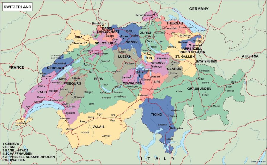 Suiza mapa politico vectorial digital