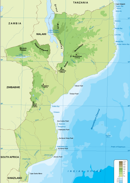 Mozambique mapa físico digital
