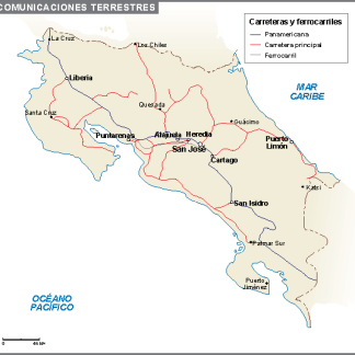 Costa Rica mapa comunicaciones terrestres